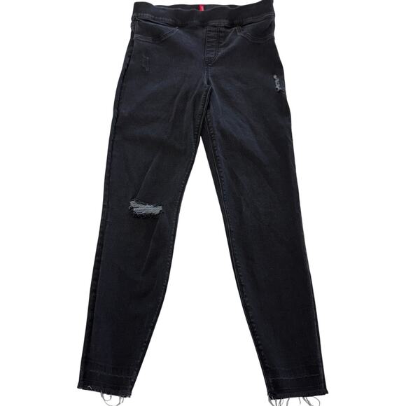 Spanx Jeans Womens Medium Black Denim Distressed Ankle Skinny Stretch - Picture 2 of 11
